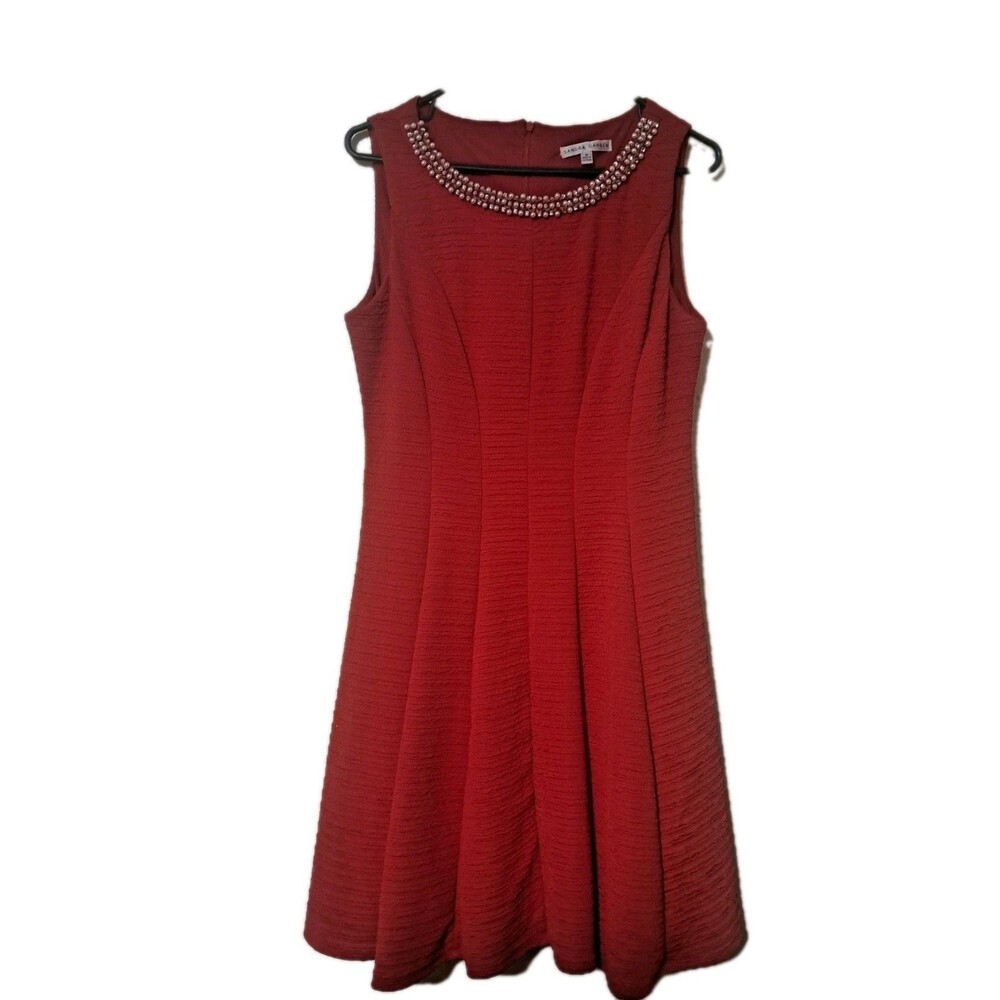 Sandra Darren Womens Dress Fit & Flare Red Size 10 Beaded Pearl Sleeveless Party